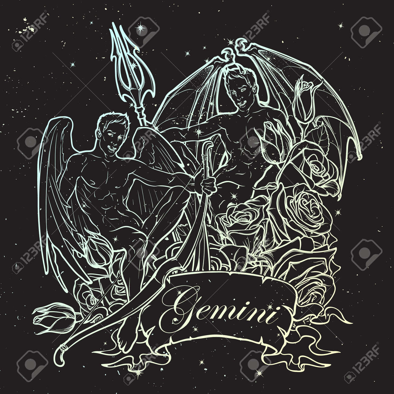 Gemini Zodiac Sign With A Decorative Frame Of Roses. Beautiful Male Twins. Concept Art For Horoscopes, Tattoo Design, Colouring Books. Gay Pinup Style Sketch Isolated On Starry Night Sky Background. Royalty Free Gemini Zodiac Sign With A Decorative Frame Of Roses. Beautiful Male Twins. Concept Art For Horoscopes, Tattoo Design, Colouring Books. Gay Pinup Style Sketch Isolated On Starry Night Sky Background. Royalty Free
