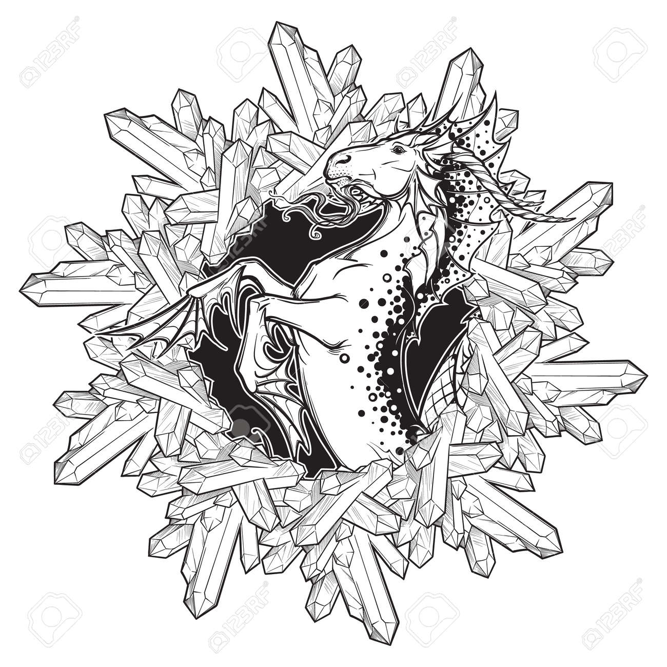 地球の錬金術の要素 星座山羊座 水晶の円形フレームの幻想的な海の生き物 星座 タトゥー塗り絵にビンテージのヌーボー スタイル コンセプト アート の イラスト素材 ベクタ Image