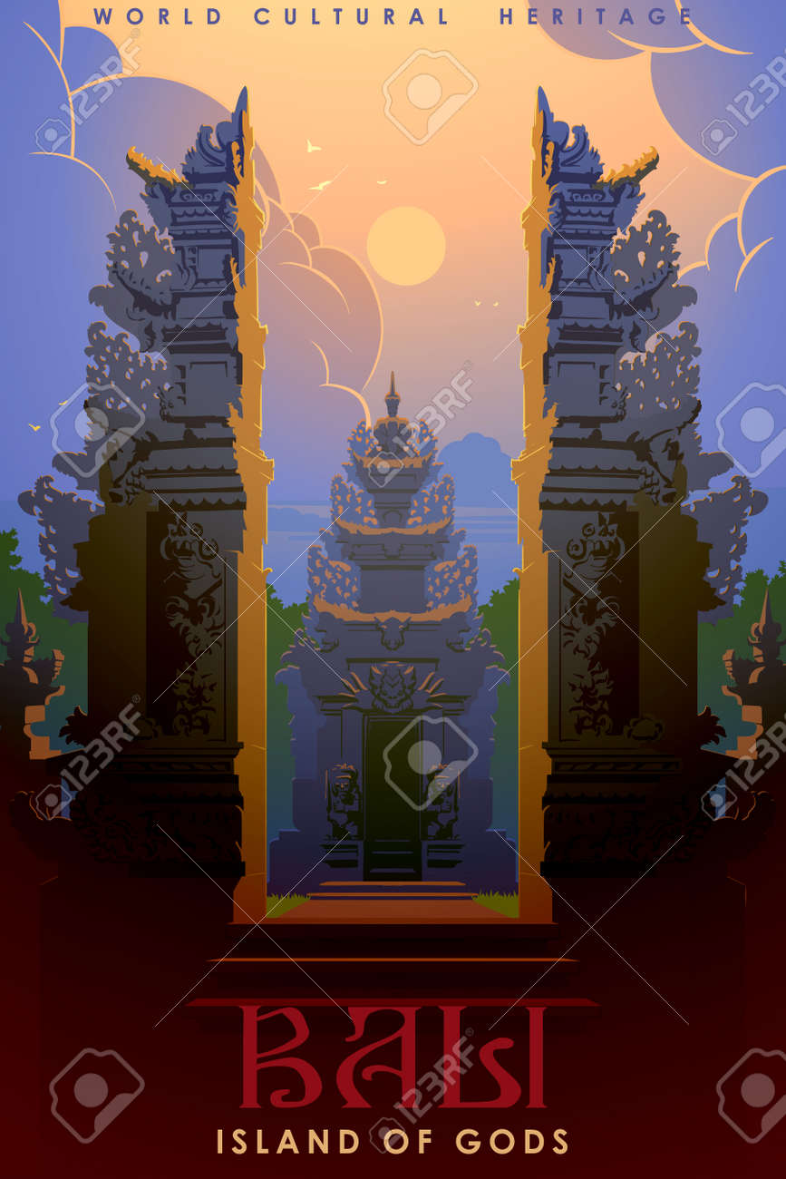 Split gates, auch candi bentar genannt, ist ein übliches element der hindu-tempel auf bali. es symbolisiert zwei grundprinzipien des universums - gut und böse. vintage reiseplakat. eps10-vektorillustration - 139310937 Split gates, auch candi bentar genannt, ist ein übliches element der hindu-tempel auf bali. es symbolisiert zwei grundprinzipien des universums - gut und böse. vintage reiseplakat. eps10-vektorillustration - 139310937