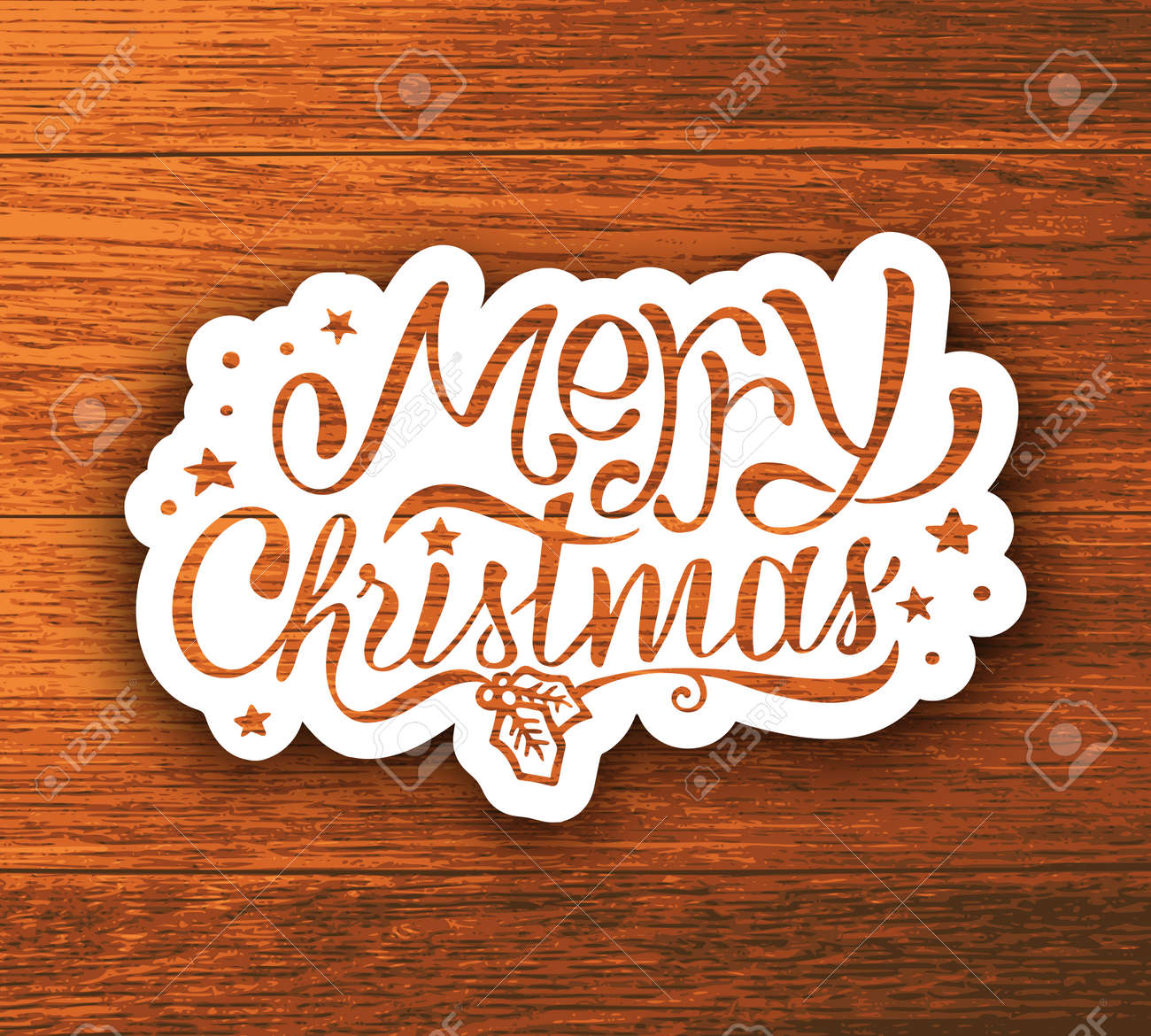 木製の背景にメリー クリスマス テキスト文字ステッカーベクトルの図 クリスマスのグリーティング カードとポスターの表記のラベルです のイラスト素材 ベクタ Image