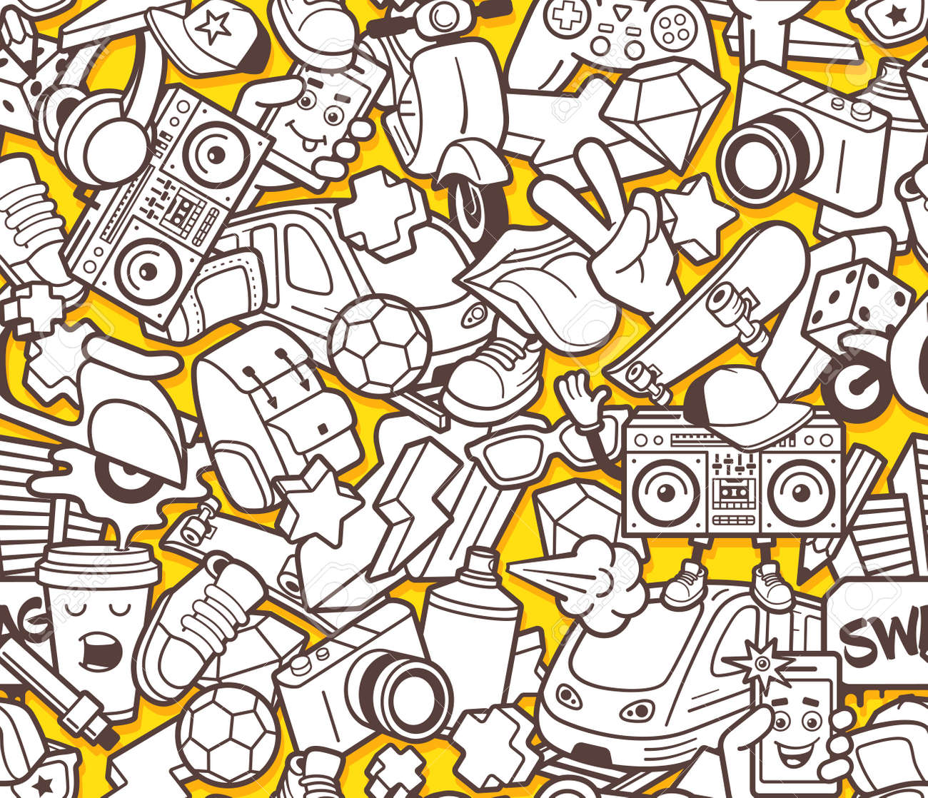 Graffiti seamless pattern with urban lifestyle line icons. Crazy doodle abstract vector background. Trendy outline style collage with bizarre street art elements. Adult coloring book design template - 61069424 Graffiti seamless pattern with urban lifestyle line icons. Crazy doodle abstract vector background. Trendy outline style collage with bizarre street art elements. Adult coloring book design template - 61069424