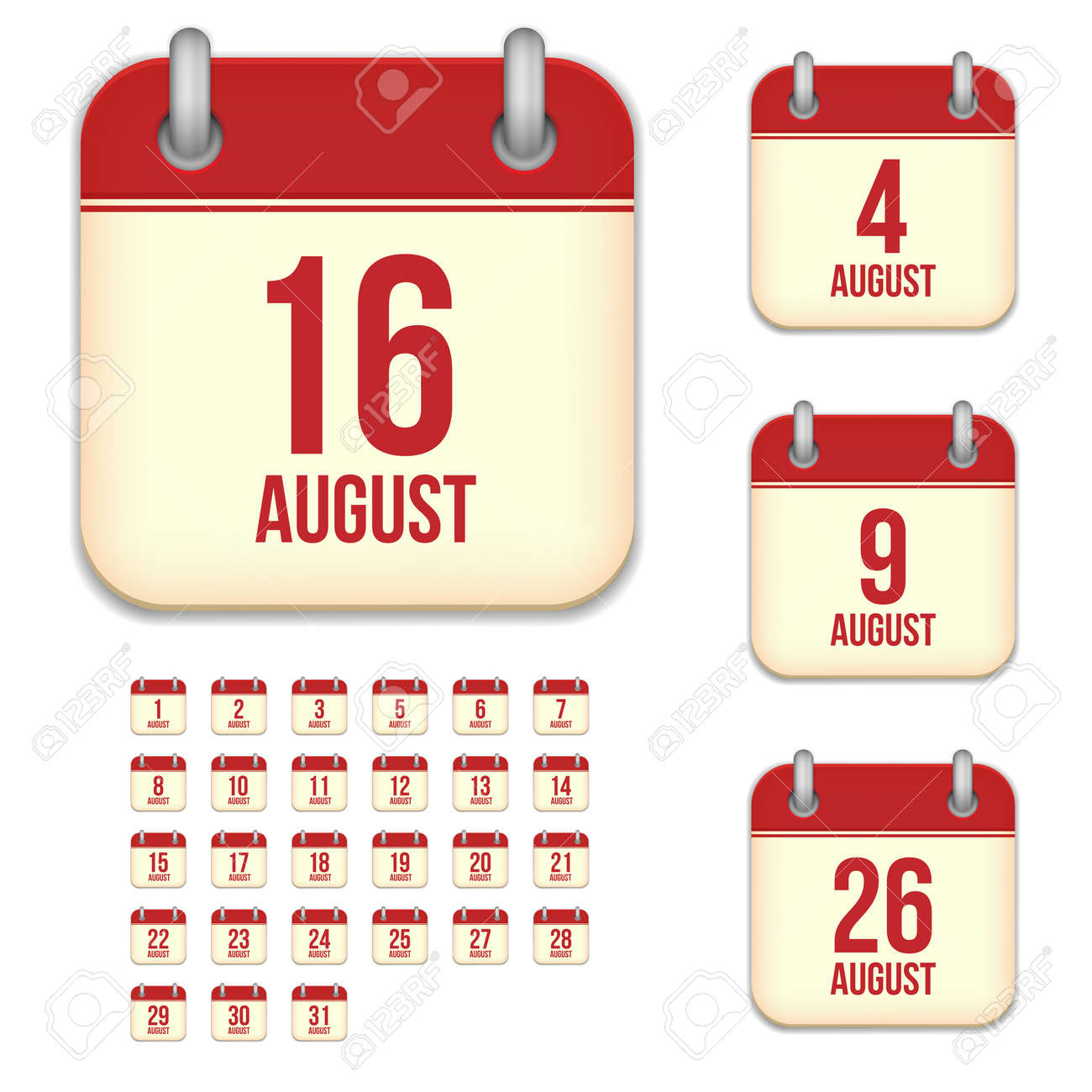 Август Отрывной Календарь Векторные Иконки Установить Изолированные На  Белом Фоне. Знак Напоминания Квадратной Формы На Каждый День. Клипарты,  SVG, векторы, и Набор Иллюстраций Без Оплаты Отчислений. Image 62266841