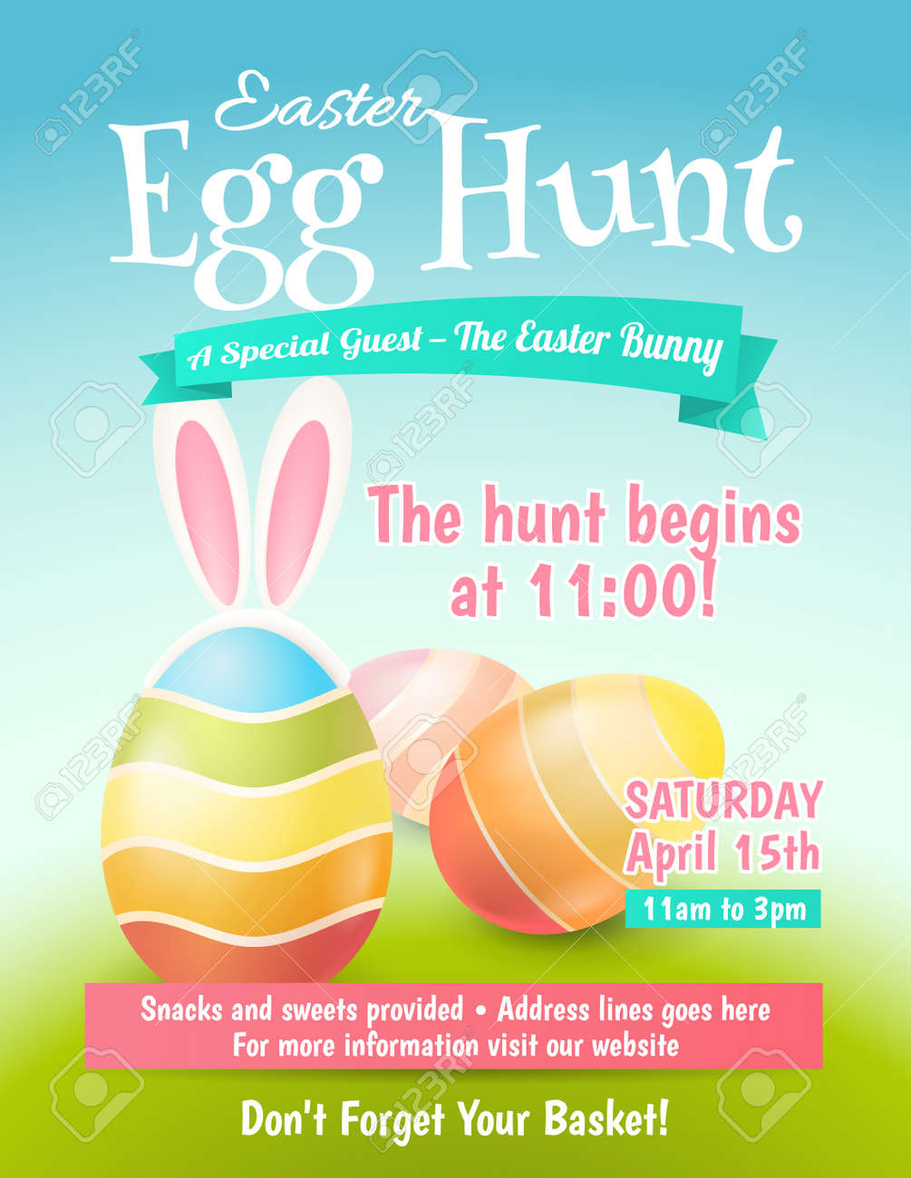 cute poster for easter egg hunt with colored eggs and ears of easter egg hunt flyer template free