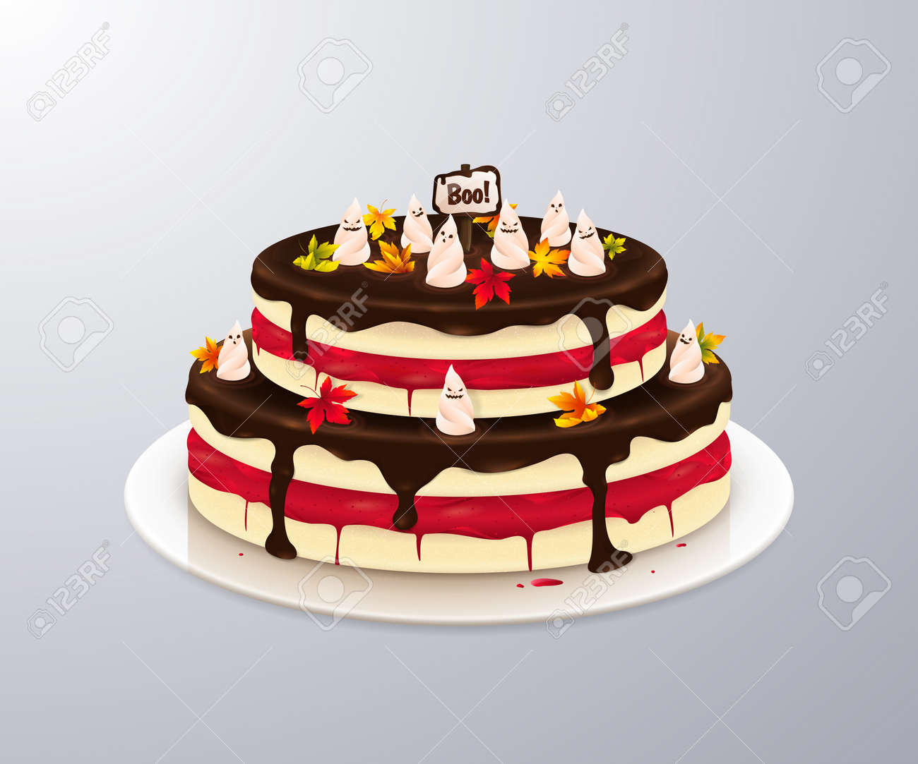 ベクトル血クリーム カエデの葉 ゴースト デコレーション チョコレート艶出しと怖いケーキ デザートのプレートには ハロウィーン パーティーのチラシやメニュー カフェを設計します バック グラウンドから分離された Xd のイラスト素材 ベクタ Image 4670