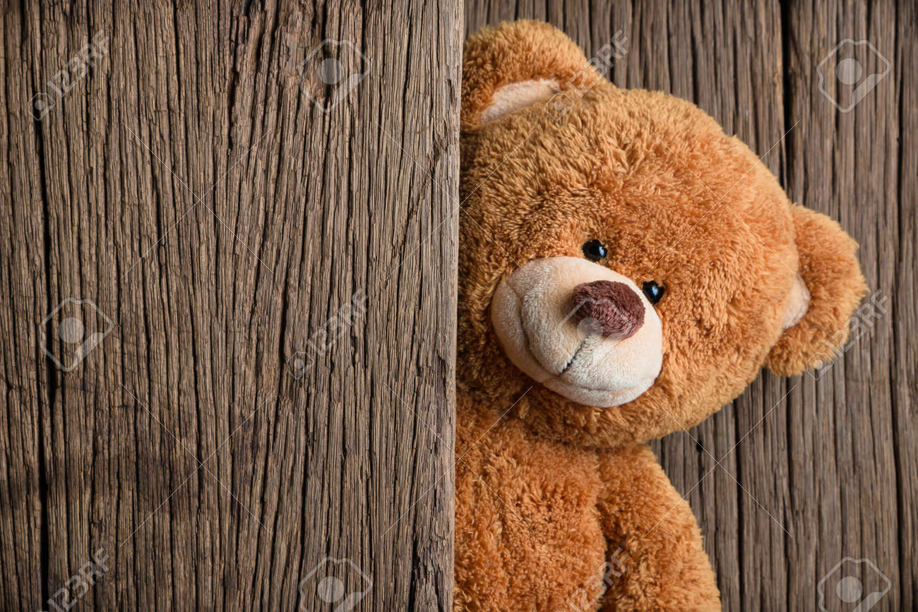 Cute Teddy Bears With Old Wood Background Stock Photo, Picture And ...