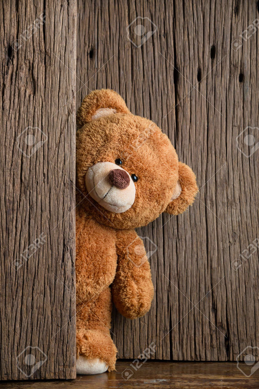 Cute Teddy Bears With Old Wood Background Stock Photo, Picture And ...