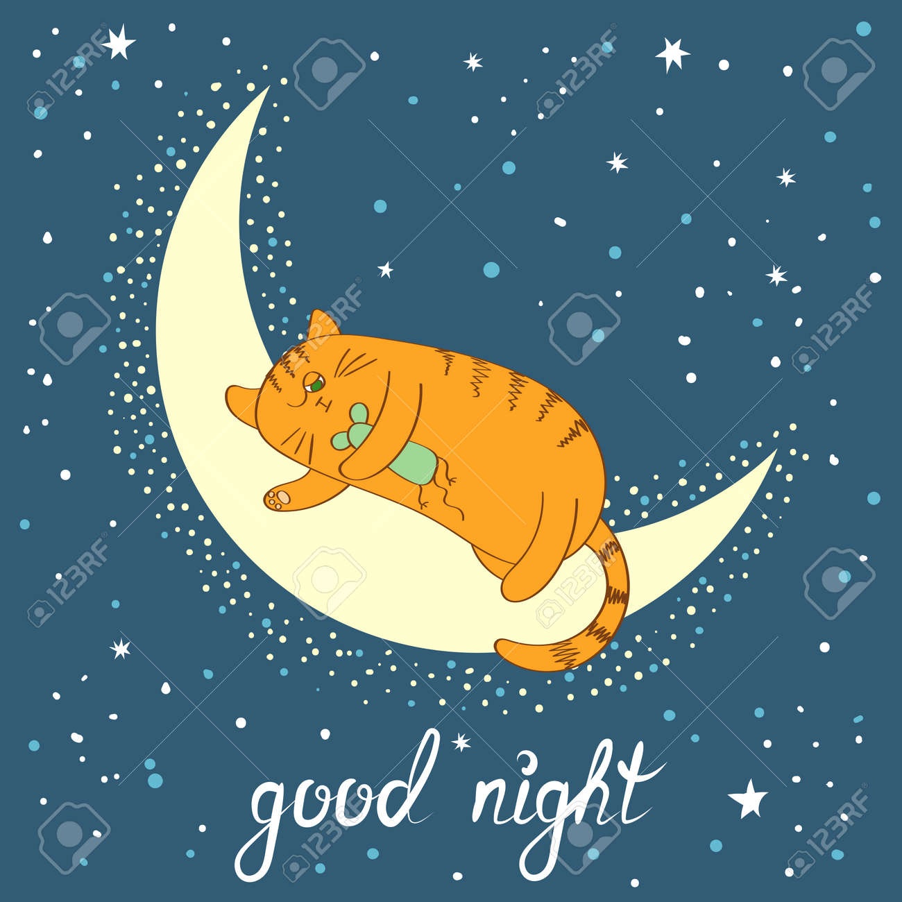 Cute Cartoon Cat Sleeping On The Moon Good Night Lettering