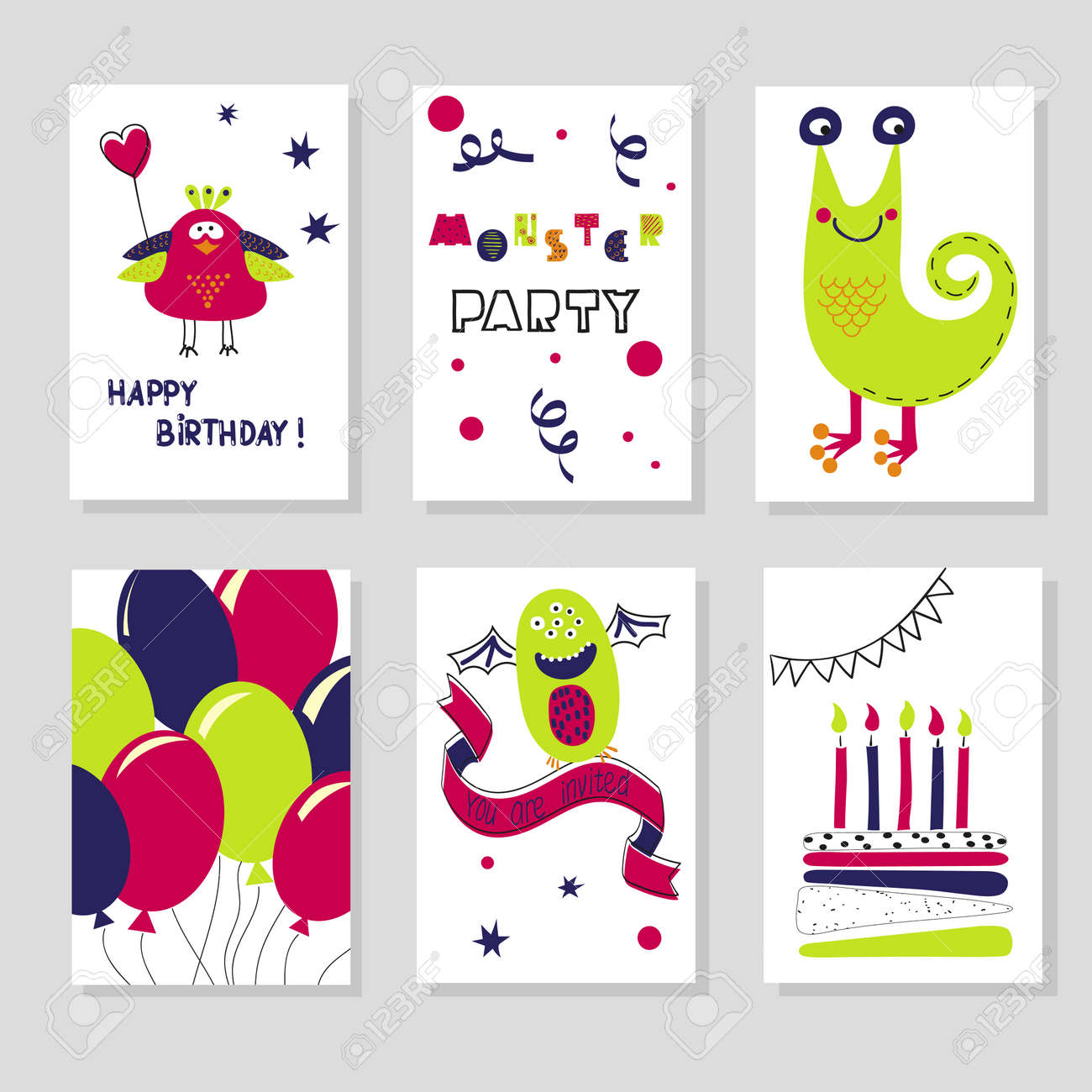 set of birthday cards templates cute cartoon monsters kids birthday cards design for kids