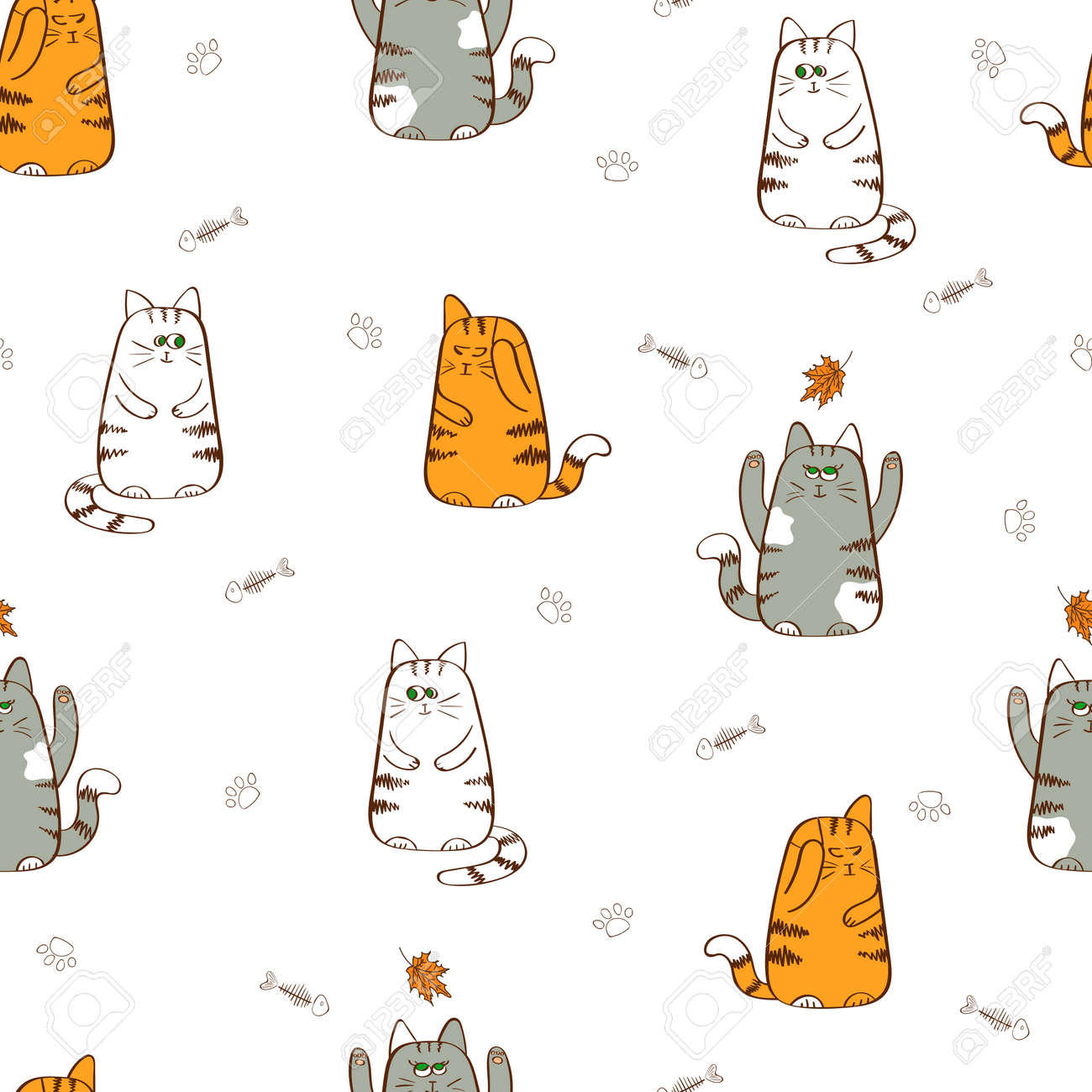 かわいい猫のシームレスなパターン 手には 子猫が描かれました 面白い猫白で隔離とベクトルの背景 のイラスト素材 ベクタ Image