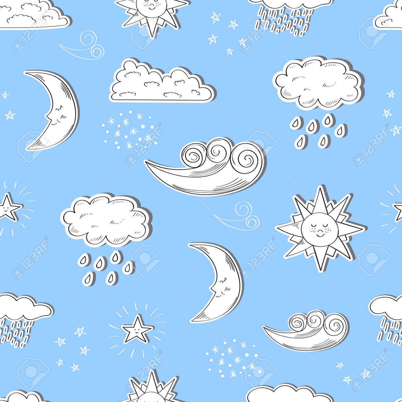 Modèle Sans Couture De Concept Météo Soleil De Dessin Animé Lune étoile Nuages Croquis De Fond De Vecteur Avec Des Icônes De La Météo