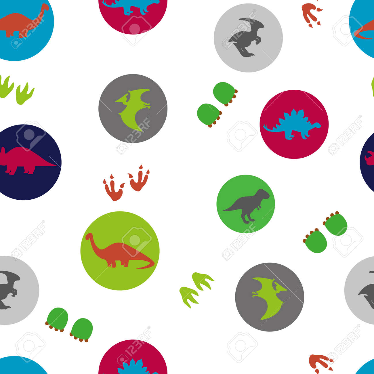 かわいい恐竜とサークルのシームレスなパターン 恐竜のシルエット ベクトルの背景 キッズ デザイン のイラスト素材 ベクタ Image