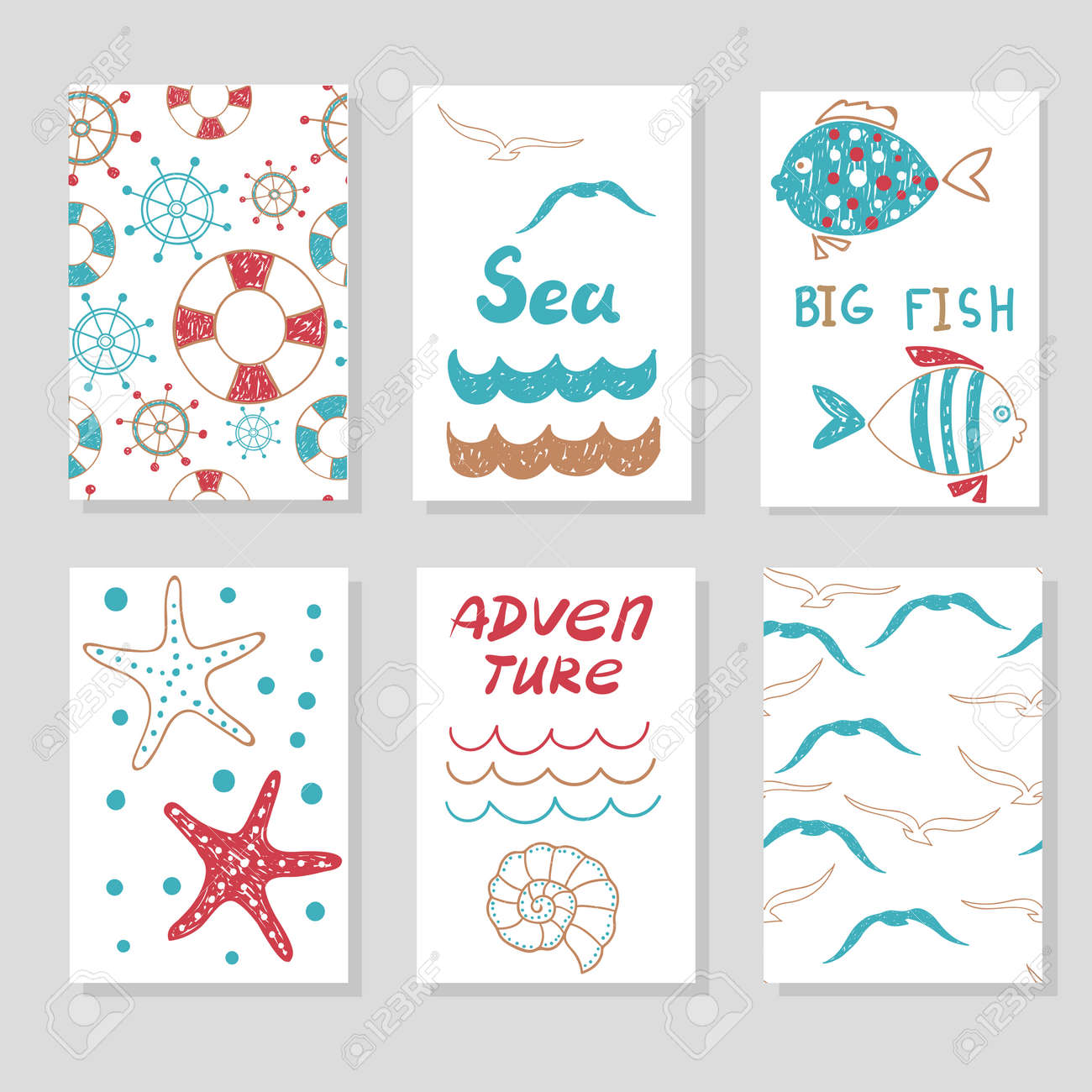 あなたのデザインのかわいいカード テンプレートのセット 落書き海ベクトル イラスト 誕生日カード パーティの招待状 ポスターに使用することができます 海洋のテーマ のイラスト素材 ベクタ Image