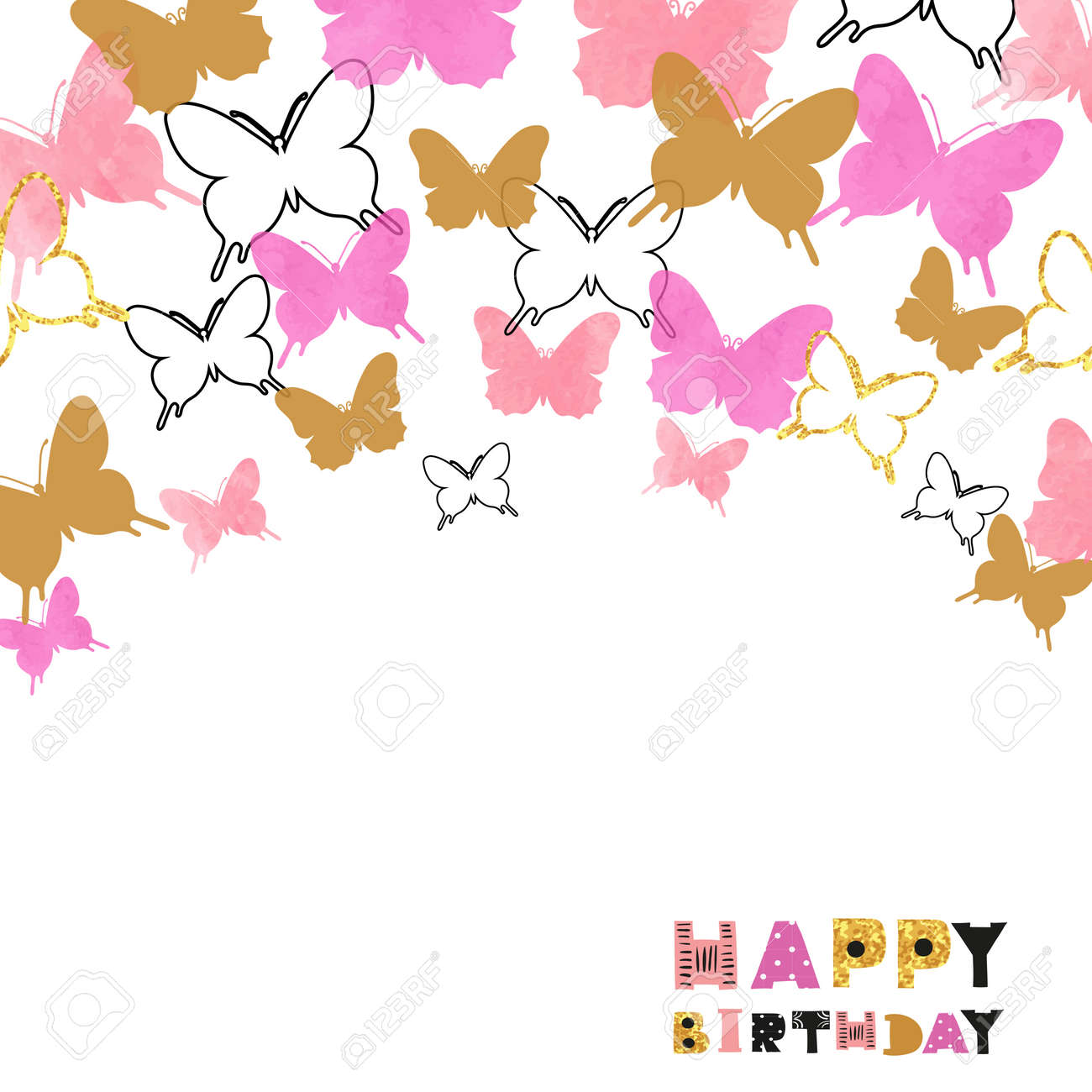 Conception De Carte De Joyeux Anniversaire Avec Aquarelle Rose Et Papillons Dores Scintillants Contexte De Celebration De Vecteur Clip Art Libres De Droits Vecteurs Et Illustration Image