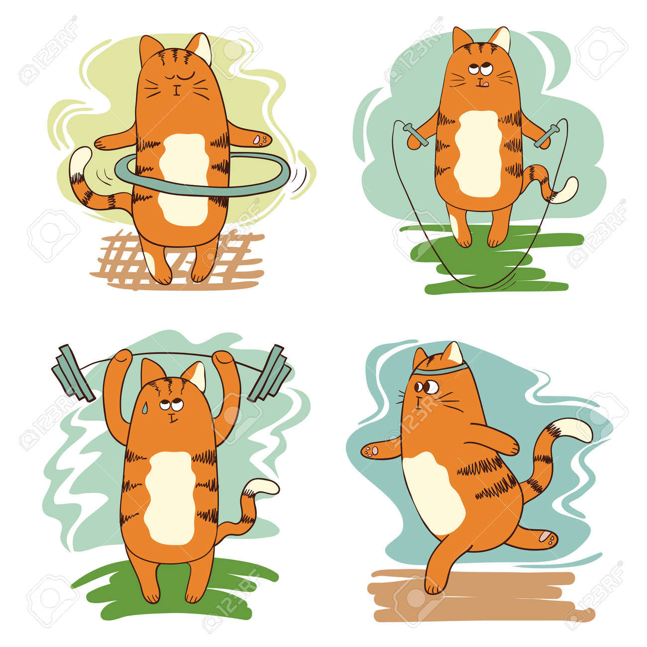 かわいい漫画猫スポーツに関与するのセット: 実行、重量挙げ、フープ 