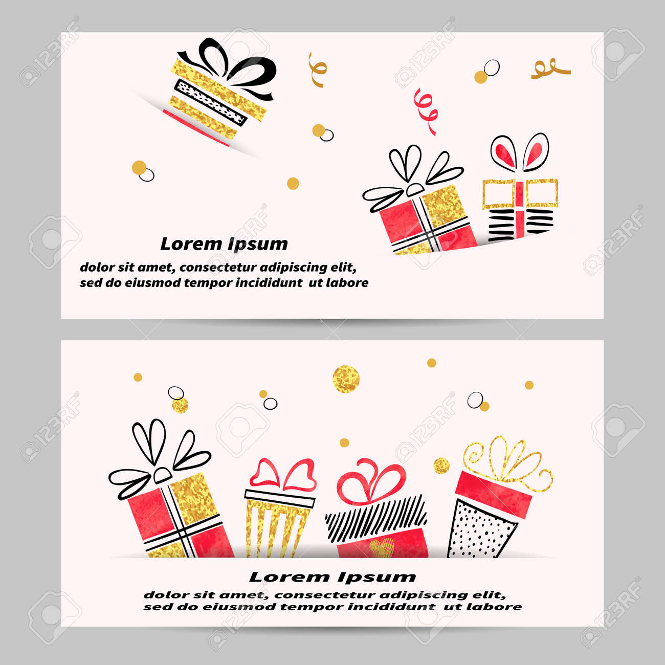 gift voucher template design with hand drawn gift boxes golden