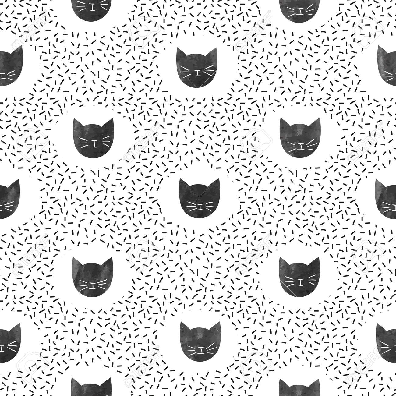 Banque d\u0027images , Modèle de mode transparente avec des chats noirs mignons. Fond de points de vecteur.
