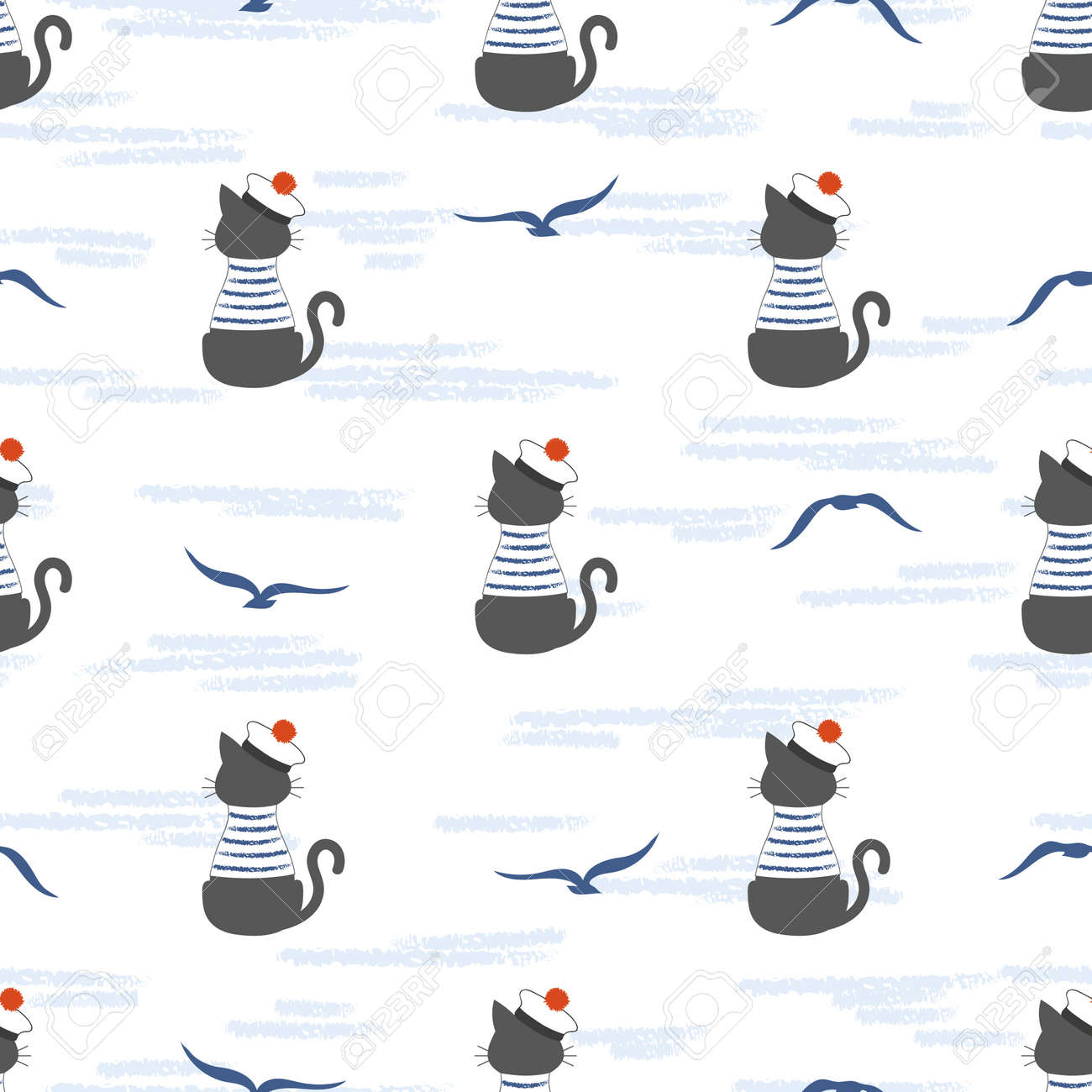 Seamless Marine Pattern With Cartoon Cat Sailor And Seagulls Vector Sea Background For Kids Royalty Free Cliparts Vectors And Stock Illustration Image