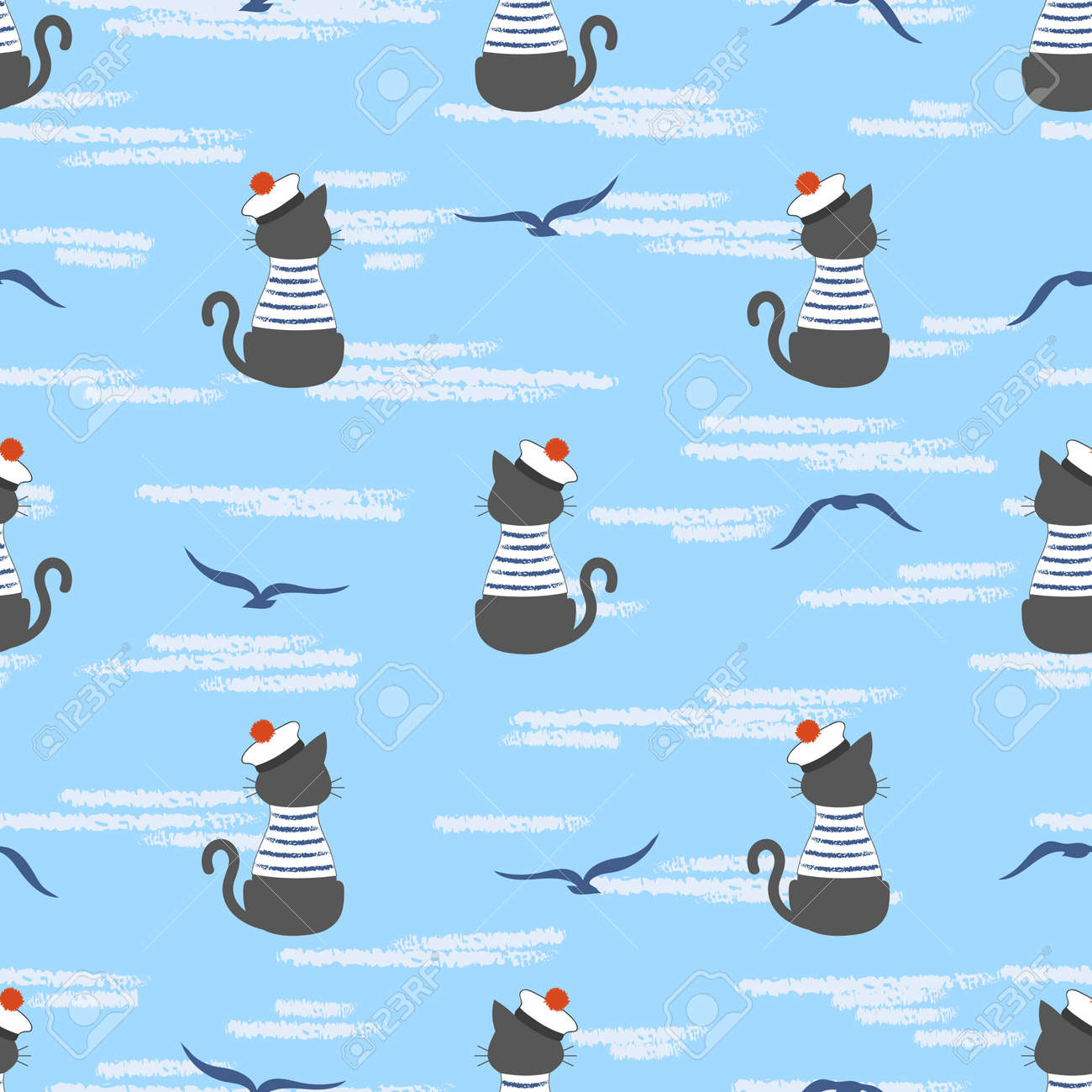 Motif De Mer Transparente Avec Chat De Dessin Animé Marin Et Mouettes Fond Marin De Vecteur Pour Les Enfants