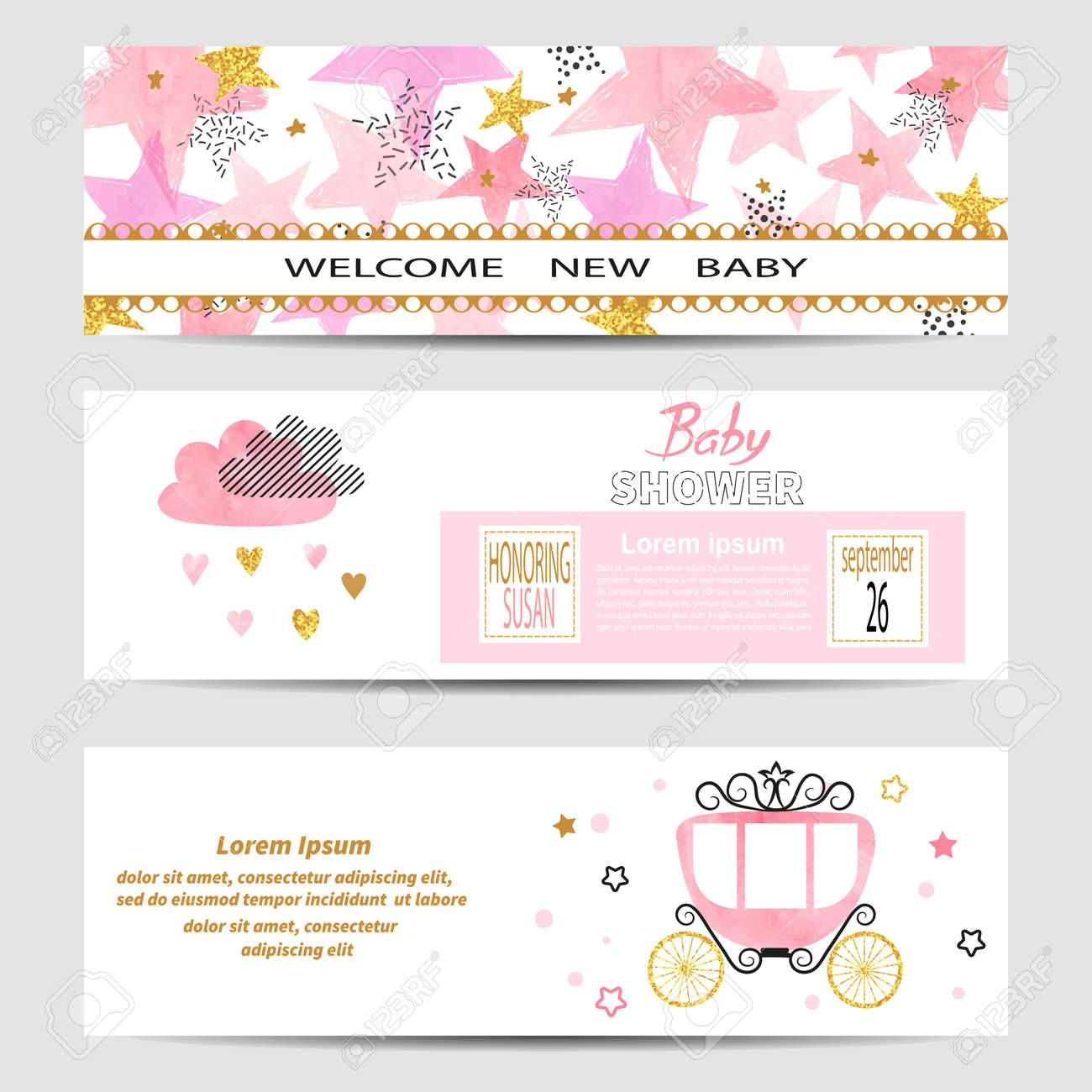 baby shower girl banners vector set in pink and golden colors