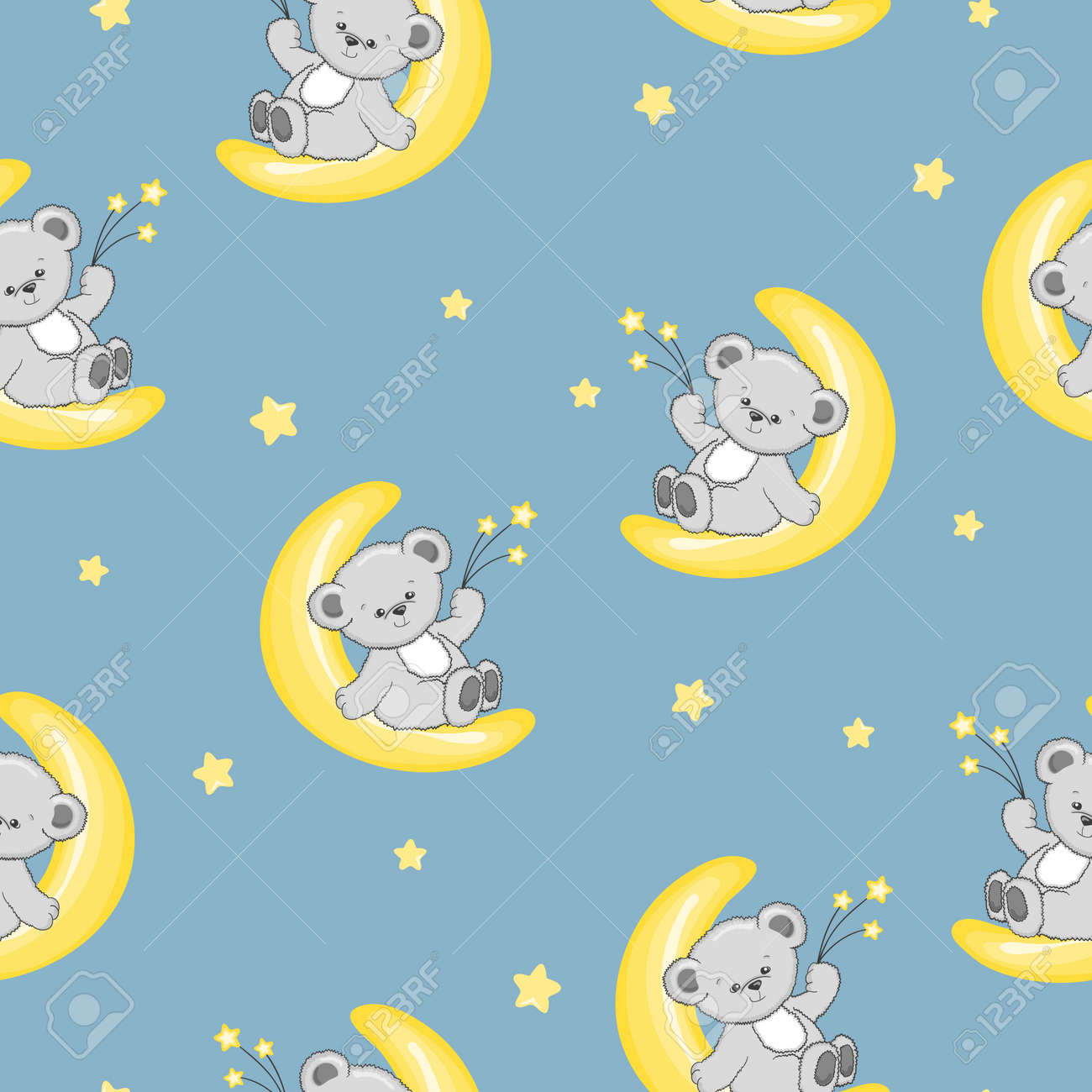 Seamless Night Pattern With Cute Teddy Bears On The Moon Baby - 