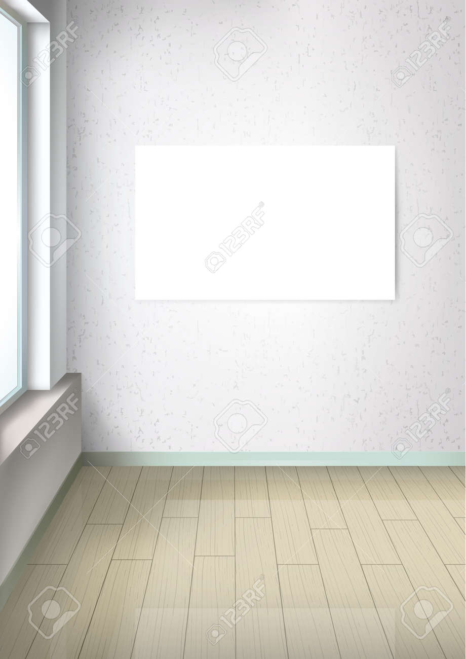 明るいインテリアデザインと家具要素 窓付きの空き部屋 視点の部屋 壁にフレームのない白い画像 画像を追加するための白い空白のフレーム ベクトルイラスト のイラスト素材 ベクタ Image