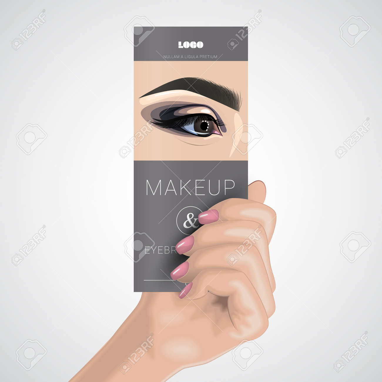 リアルなエレガントな女性の手は パンフレットを保持しています ベクトルイラスト 化粧品サービス メイクアップ デザインブラウアイ 美容店の広告のためのイメージ 女性の手首手入れの行き届いた手だマニキュアを持つ女性の指 のイラスト素材 ベクタ Image