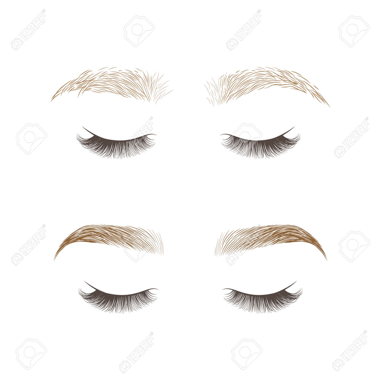メイクアップ眉毛 手入れの行き届いたシャギーの眉毛のセット ケアの前後 長いまつげで目を閉じた ベクトルイラスト のイラスト素材 ベクタ Image