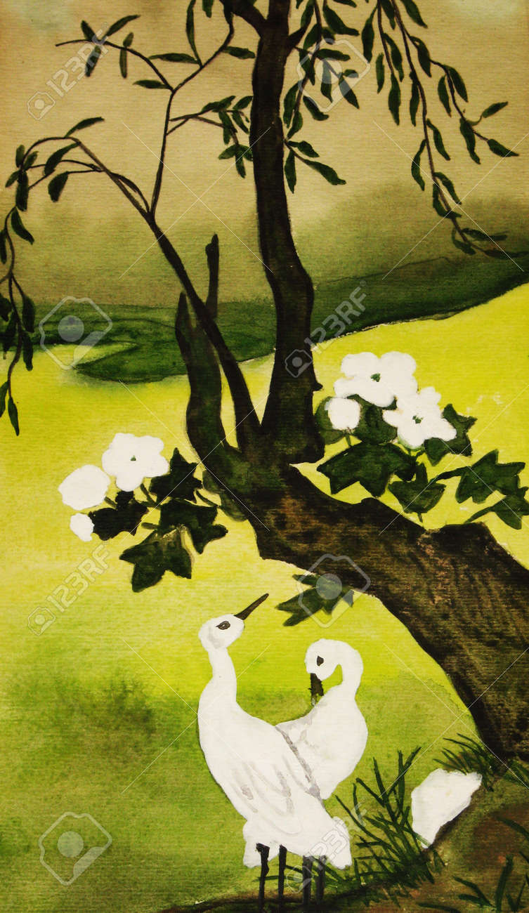 手の伝統で描かれた絵画の古い中国の芸術: 2 つの白い鳥と木。の写真
