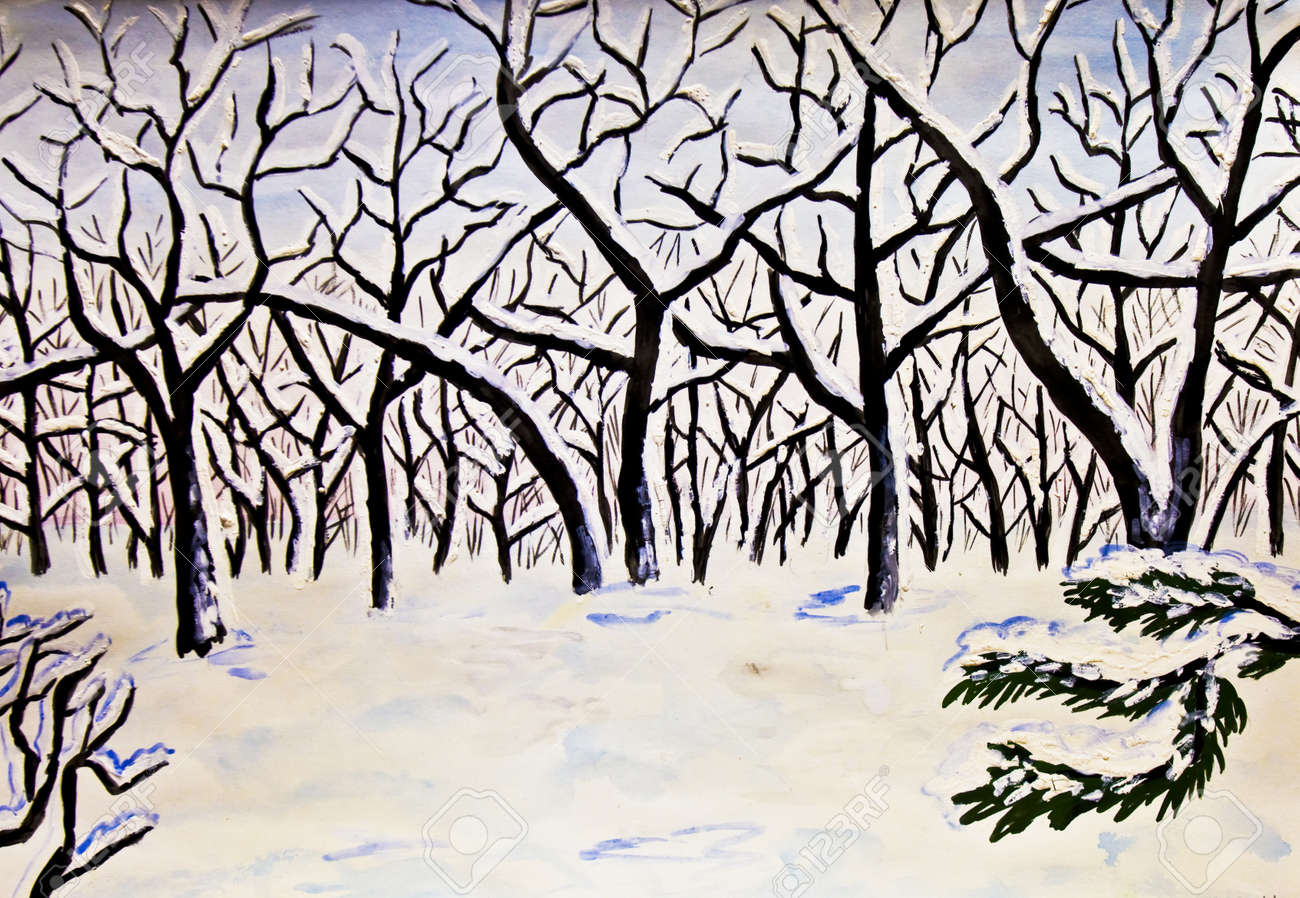 手描きの水彩画の風景 冬の森の絵 の写真素材 画像素材 Image