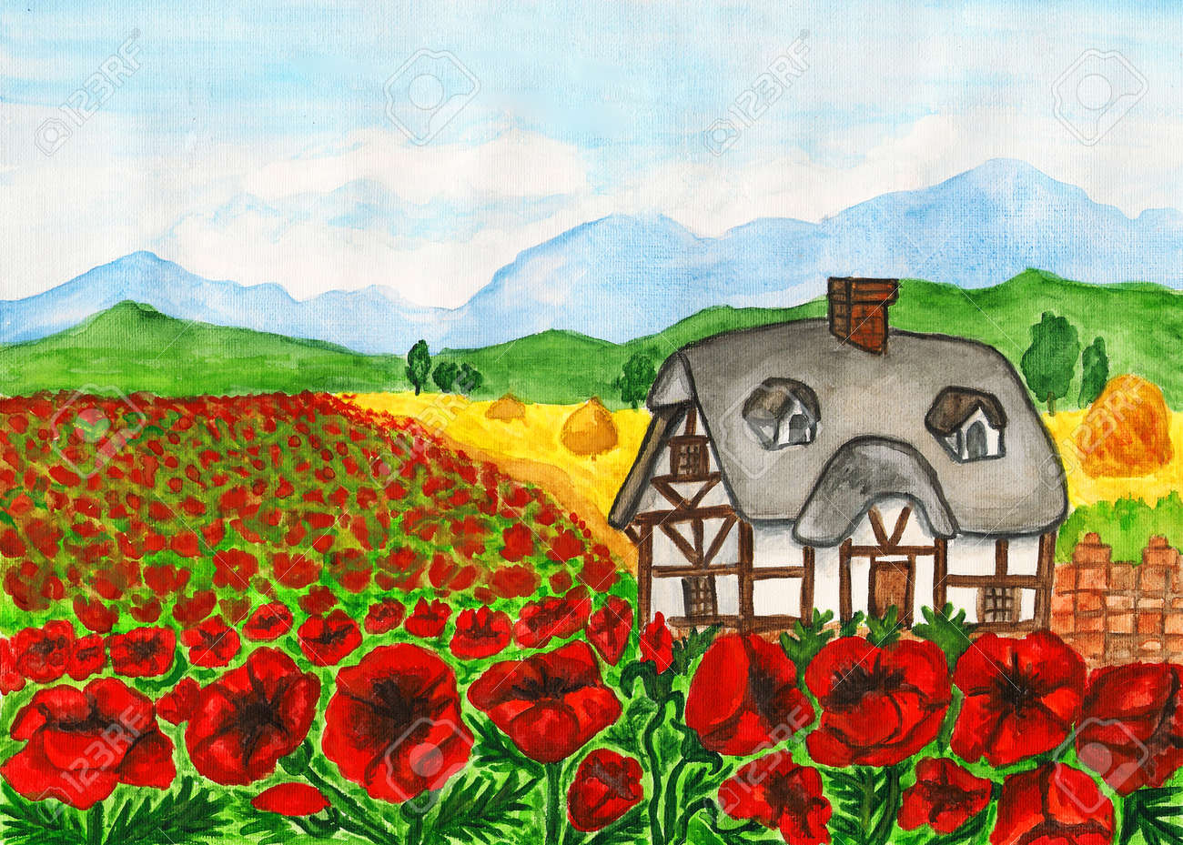 ポピーと草原2 油絵・風景画 油絵・風景画 ポピーと草原2 野の花の油絵 草原の油絵 オリジナル