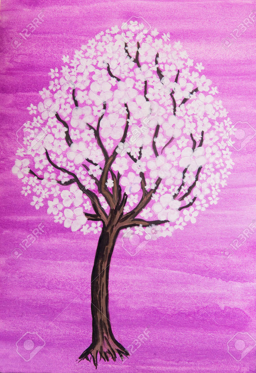 White Tree In Blossom On Purple Background Painting Gouache