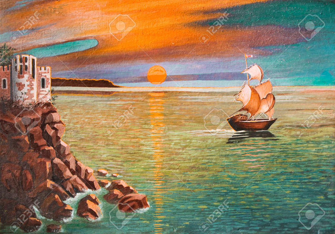 現品限り一斉値下げ！ H. メルカリ - 1974年 帆船の風景 油彩画
