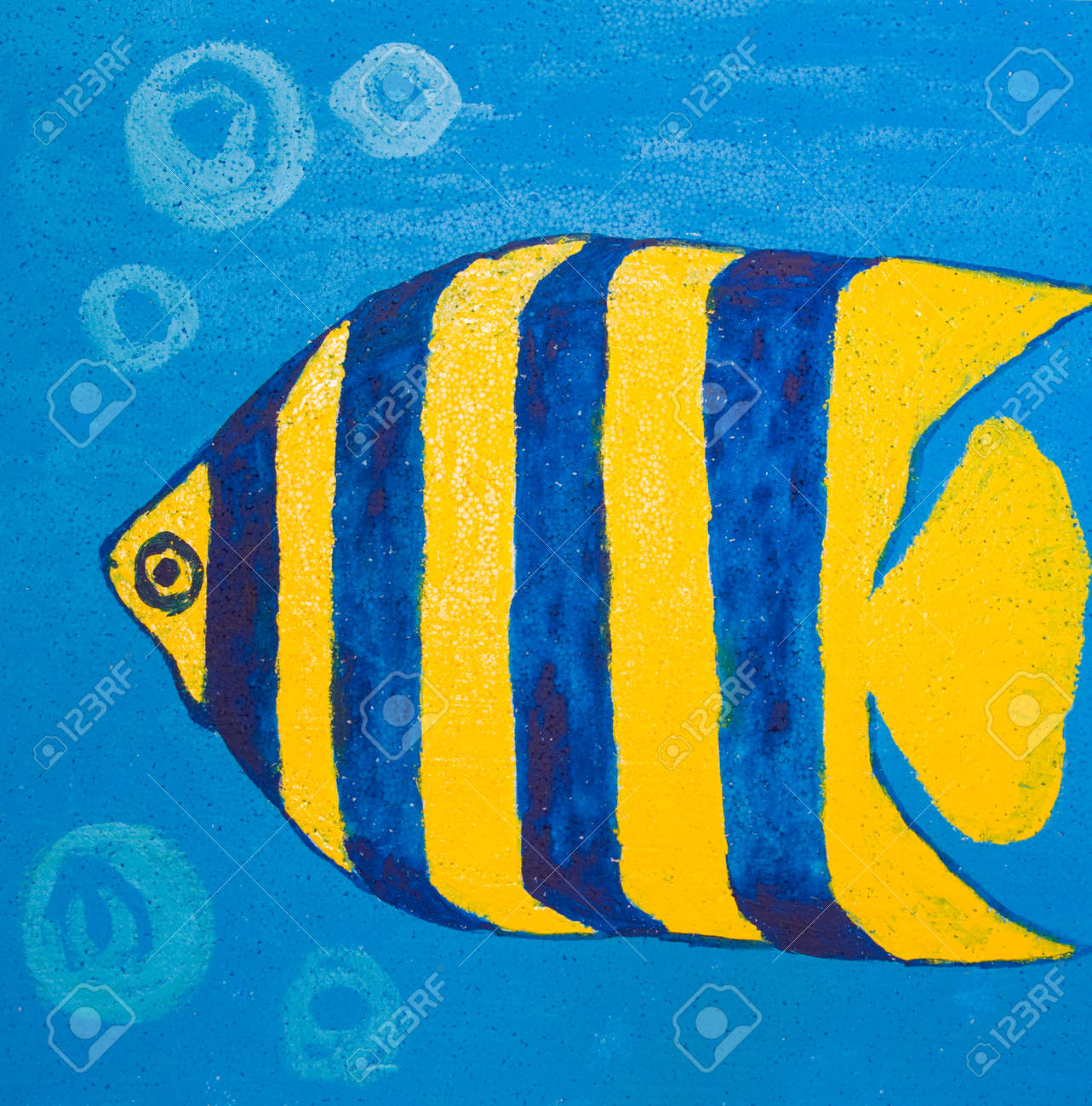 絵画イラスト、アクリル、魚の青に黄色と青の線が。の写真素材・画像