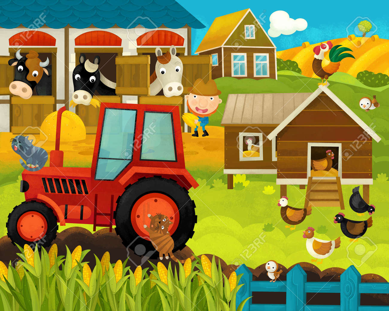 Cartoon Happy And Funny Farm Ranch Scene With Happy Animals - Illustration  For Children Stock Photo, Picture and Royalty Free Image. Image 122097077., image size:1300x1040