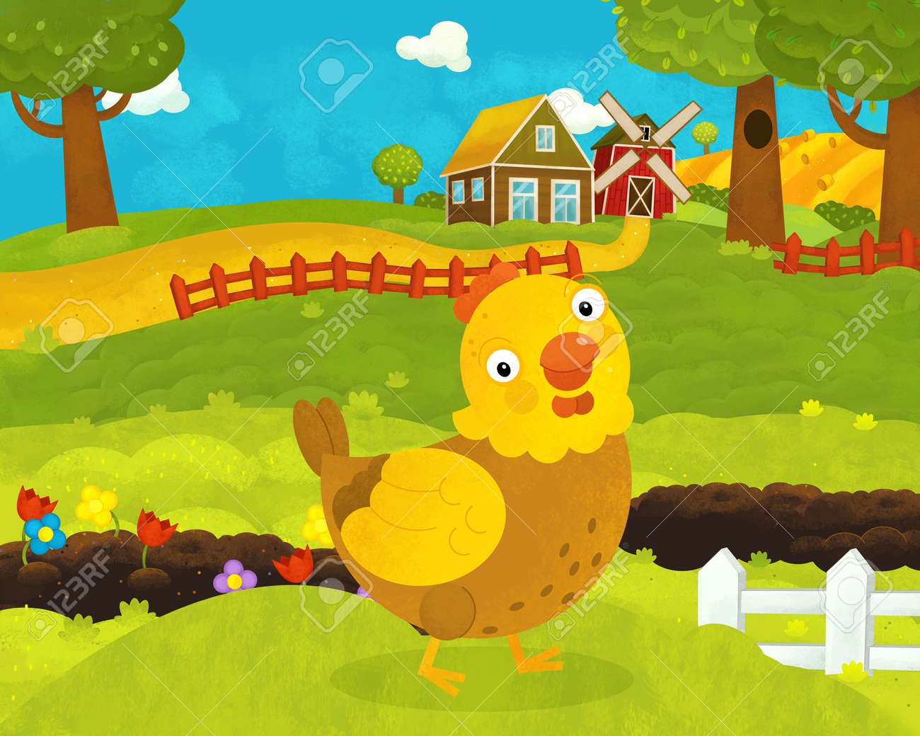 Cena Feliz Da Fazenda De Desenho Animado Com Galo De Pé E a Ilustração De Aves De Fazenda De Galinha Para Crianças Ilustração Stock - Ilustração de nave, fundo: 277466907