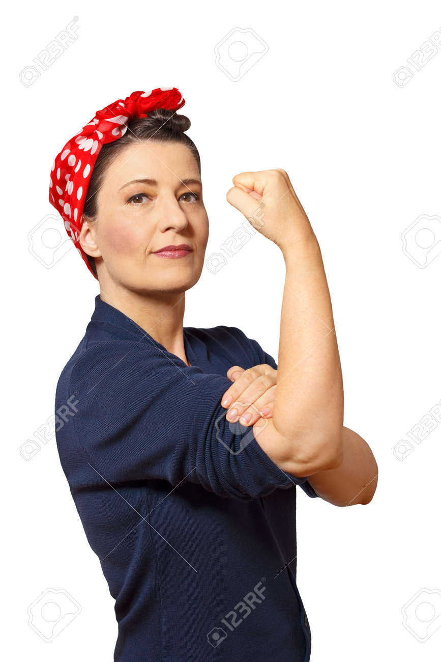 Strong and self-confident woman with a clenched fist rolling up her sleeve, vintage or retro effect of the 40s in America, isolated on white, copyspace - 60220555 Strong and self-confident woman with a clenched fist rolling up her sleeve, vintage or retro effect of the 40s in America, isolated on white, copyspace - 60220555