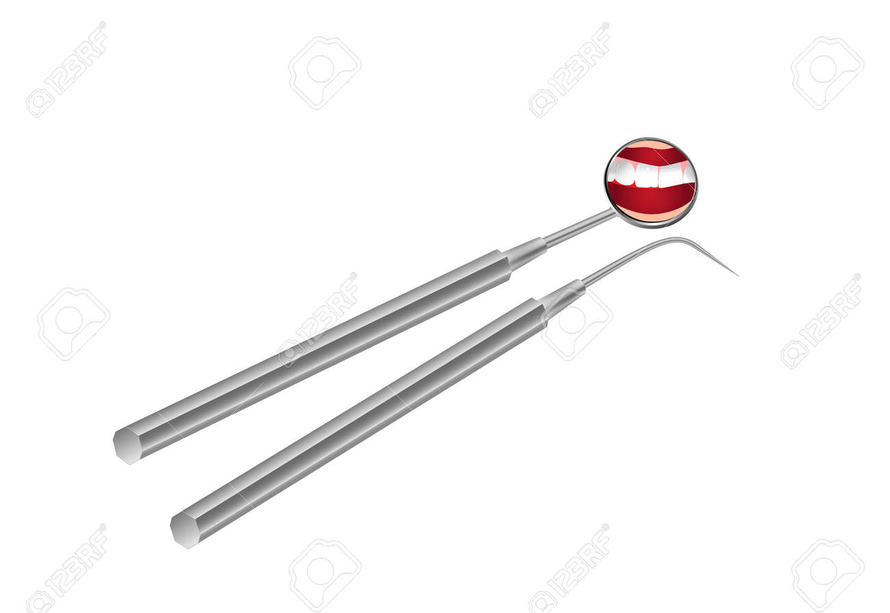 dentist s tools and mirror with reflection of teeth in a white