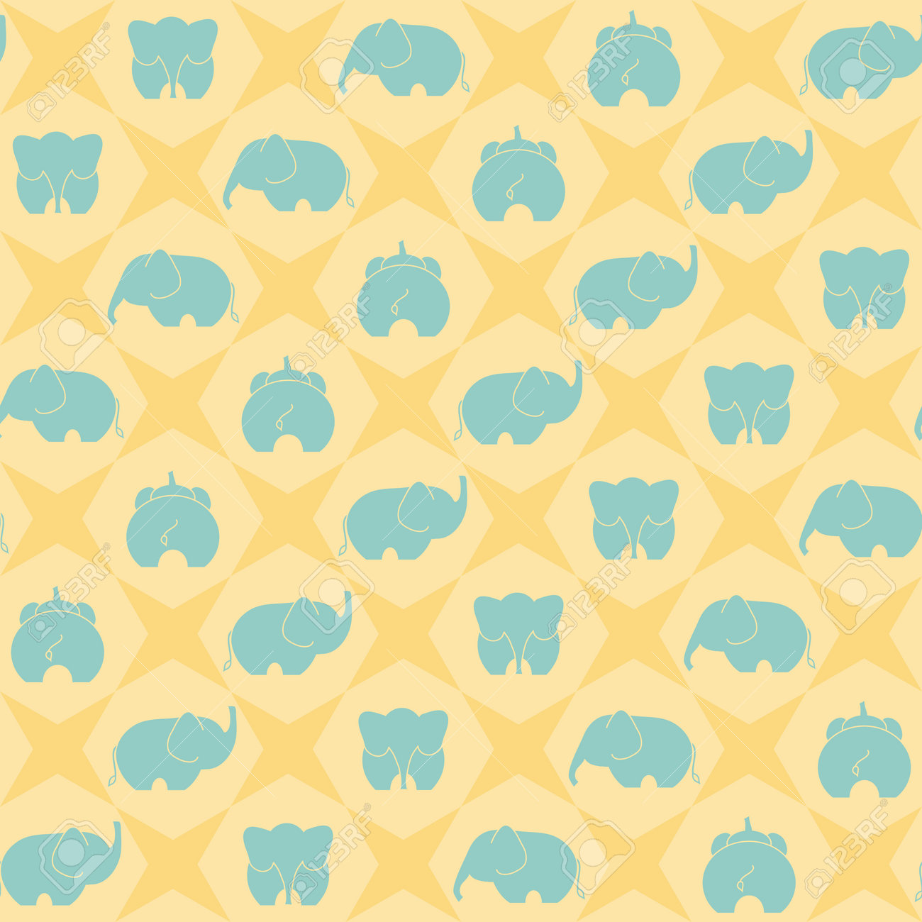 Blue Elephants On Yellow Background Vector Seamless Pattern