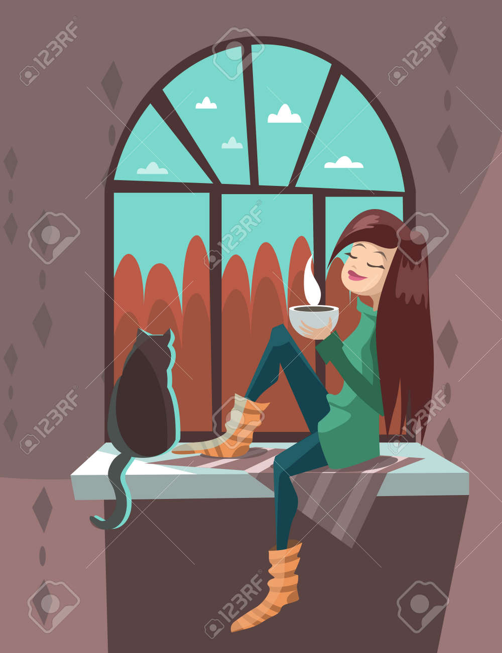 窓辺飲む熱いお茶猫を持つ少女 ベクトルの図 のイラスト素材 ベクタ Image