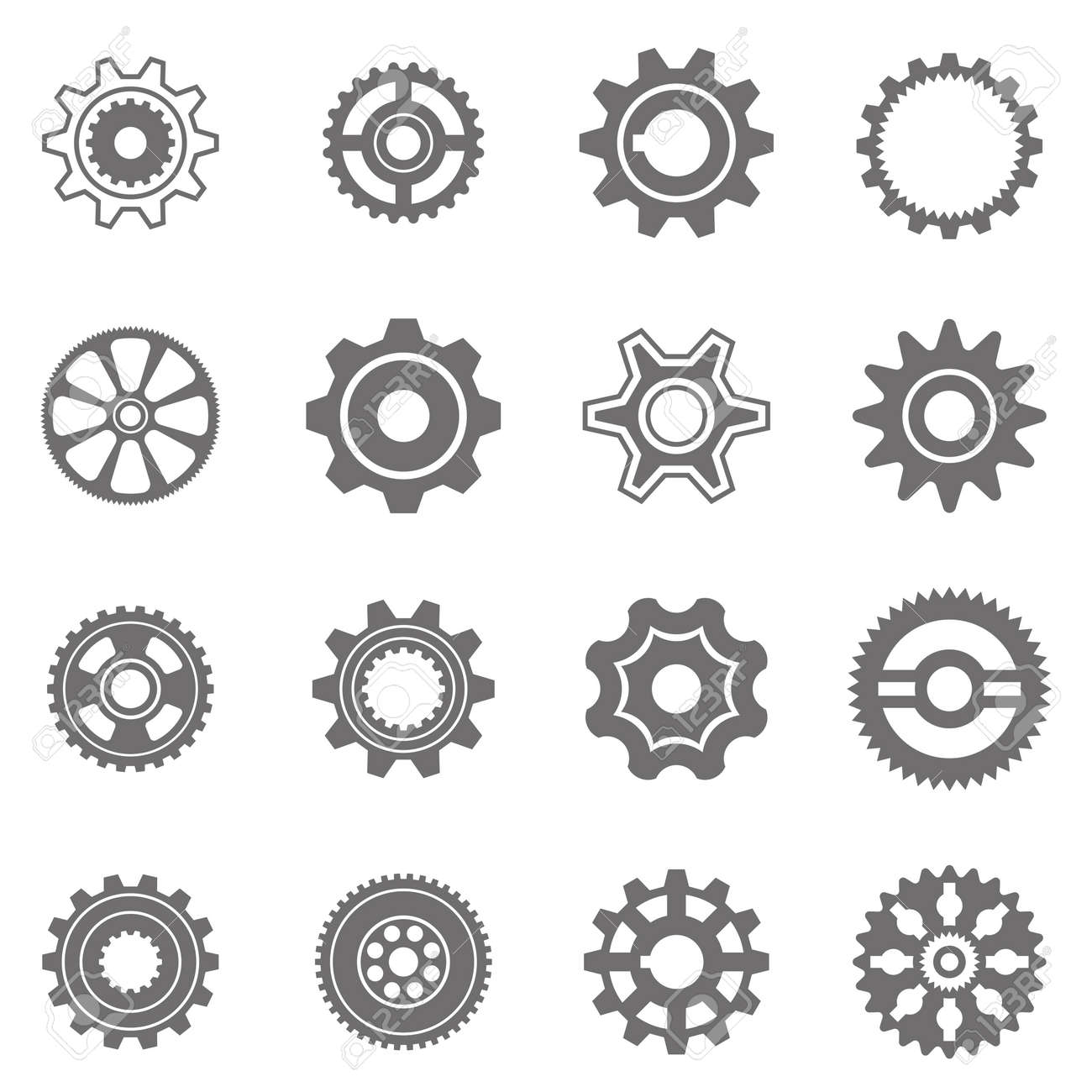 Set of gear wheels in black and white. By changing size, gears can be combined into mechanism. - 54510378 Set of gear wheels in black and white. By changing size, gears can be combined into mechanism. - 54510378