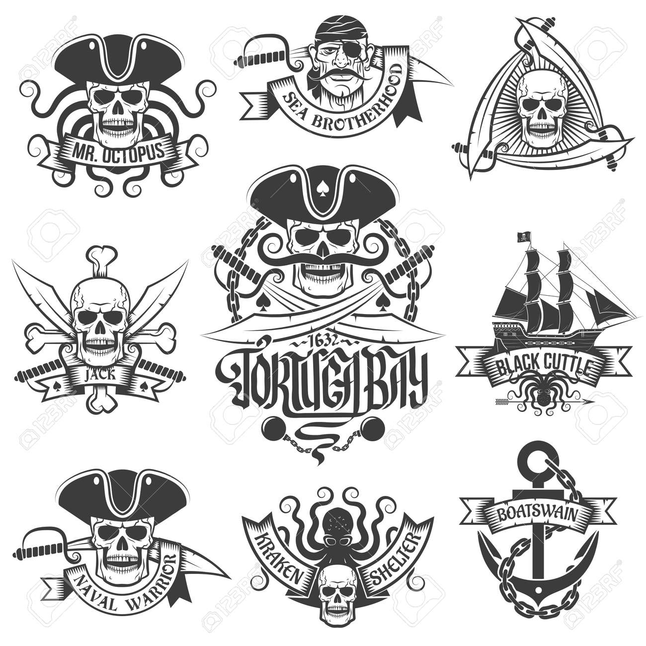 corsair logo set in vintage style tattoos with pirate skulls corsair logo set in vintage style tattoos with pirate skulls