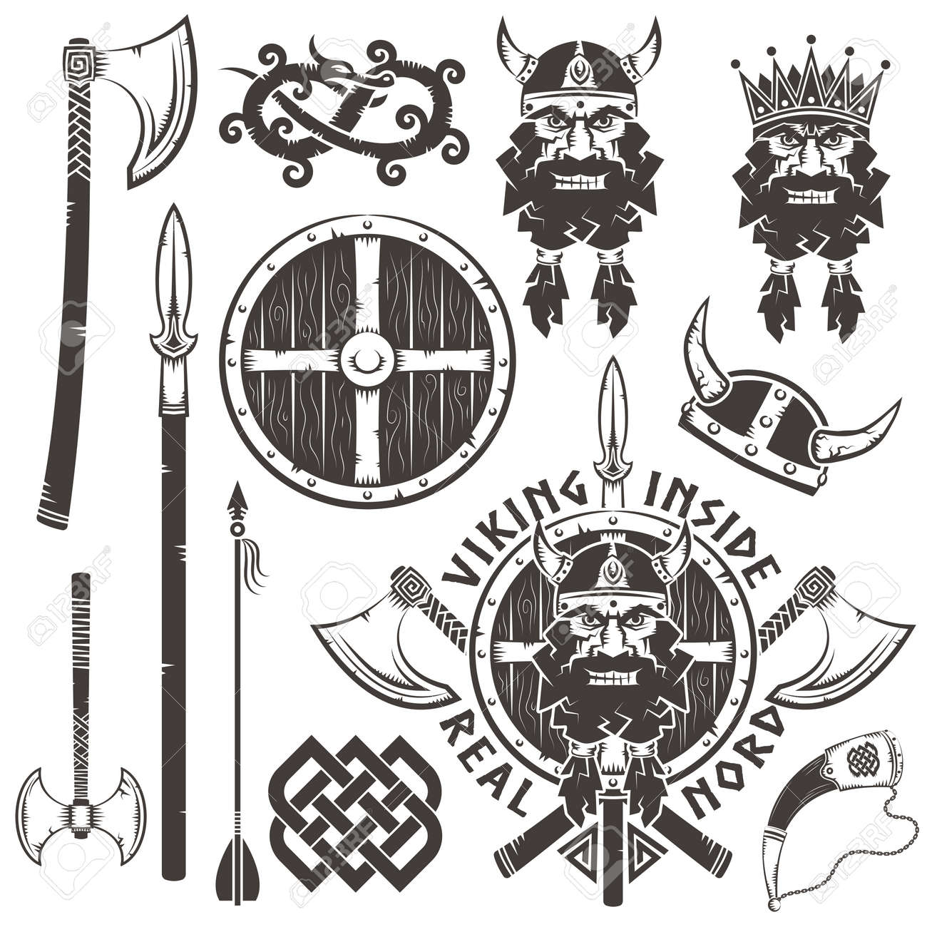 Viking Icon With Warrior Head, Crossed Axes, Spear And Shield. Set Of  Elements For Viking Emblem. Royalty Free SVG, Cliparts, Vetores, e  Ilustrações Stock. Image 59766762., image size:1300x1300