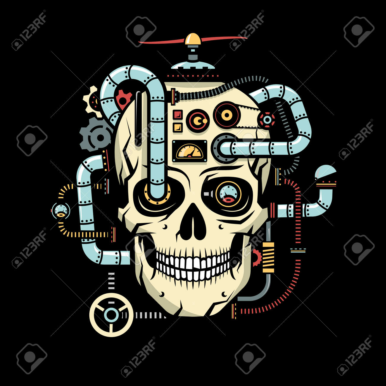 skull with implanted steampunk elements pipes cables devices