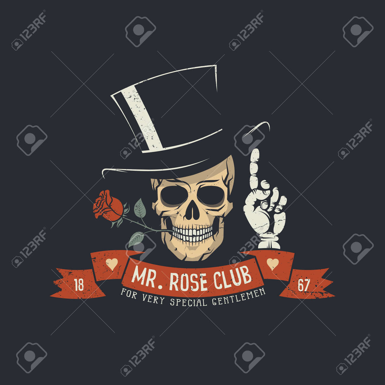 Skull with rose flower and classic head with ribbon and Mr. Rose club words. - 80348106 Skull with rose flower and classic head with ribbon and Mr. Rose club words. - 80348106