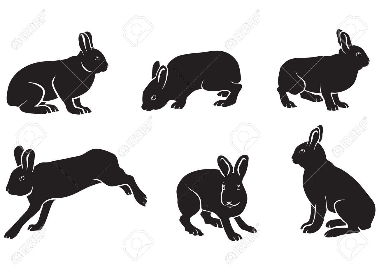異なる姿勢でノウサギのシルエット ウサギは 座っている価値がある ノウサギ実行プロファイルでは ハレ ハレ晴レ フルフェイス のイラスト素材 ベクタ Image