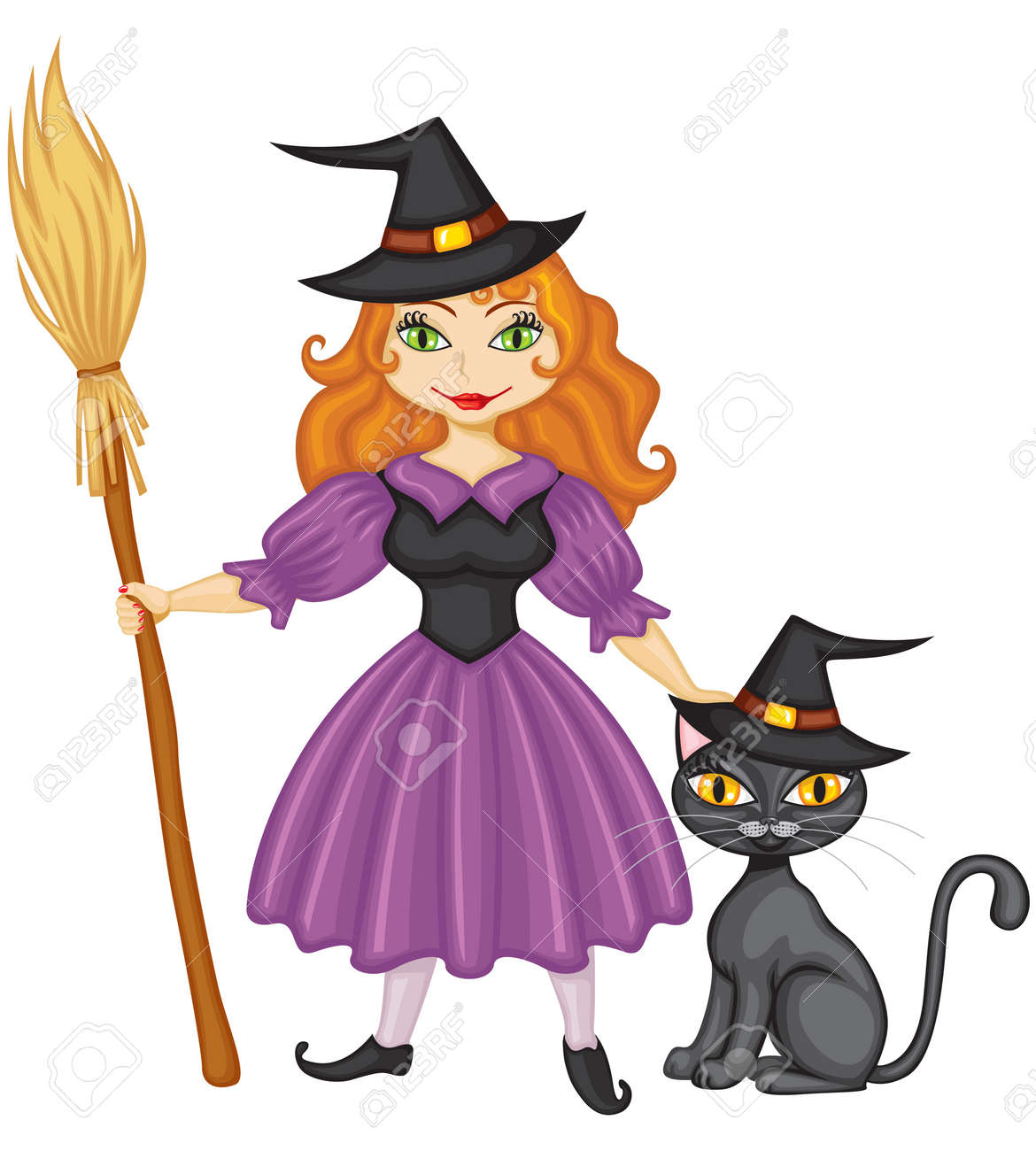 かわいい赤毛魔女のほうきと黒い猫帽子 のイラスト素材 ベクタ Image