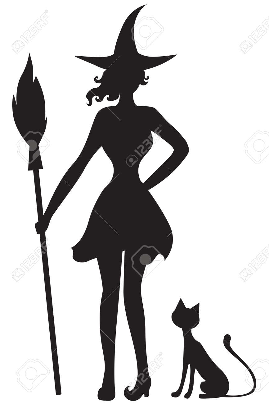 Silhouette Image En Noir Et Blanc De Belle Sorcière Tenant Un Balai Et Un Chat Noir