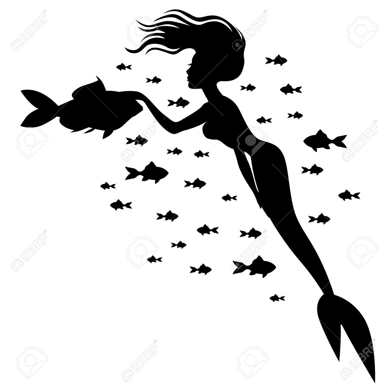 Silhouette Image Of A Mermaid Which Is Stroking Fish On The Head