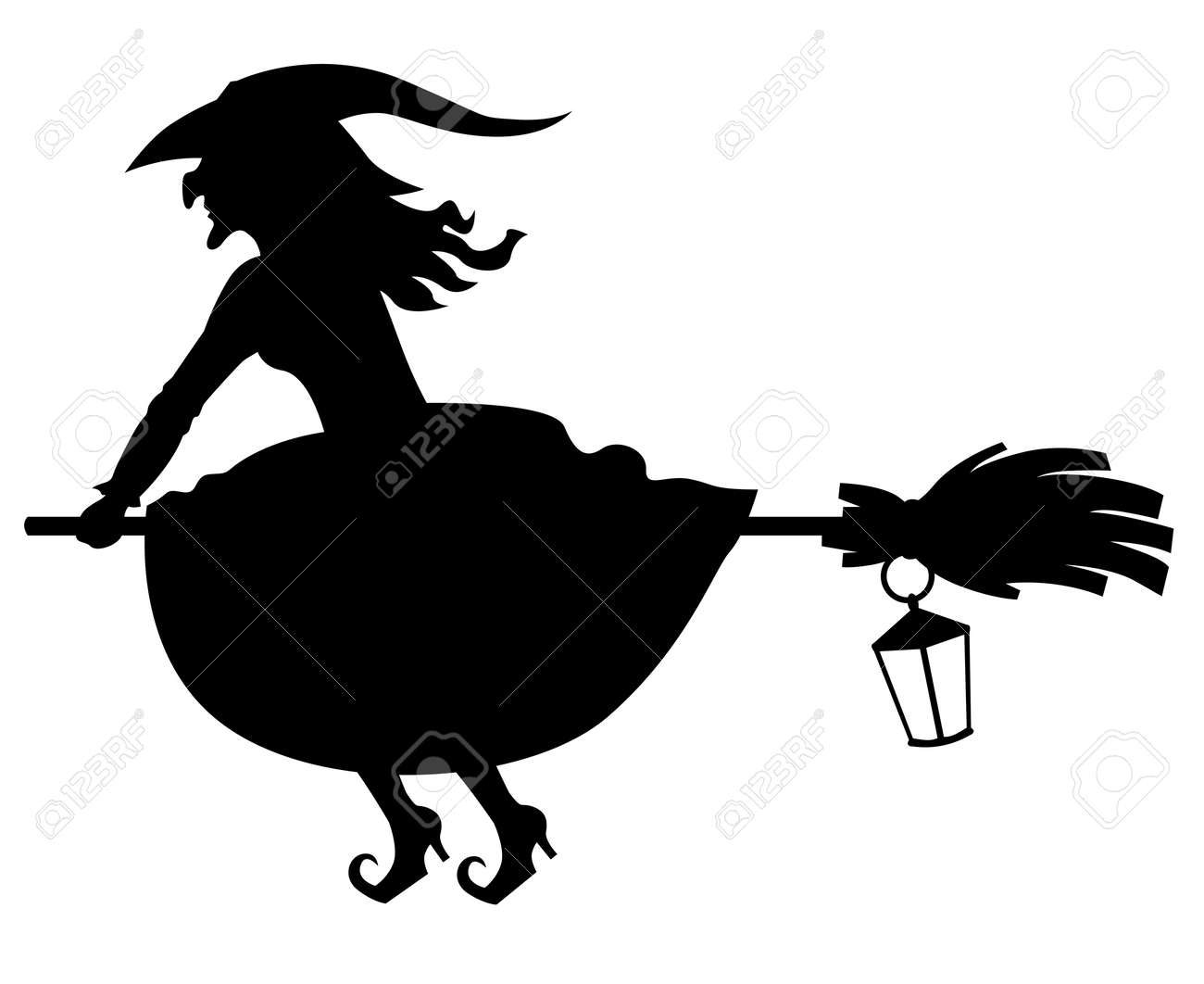vector illustrations of silhouette witch flying on broomstick
