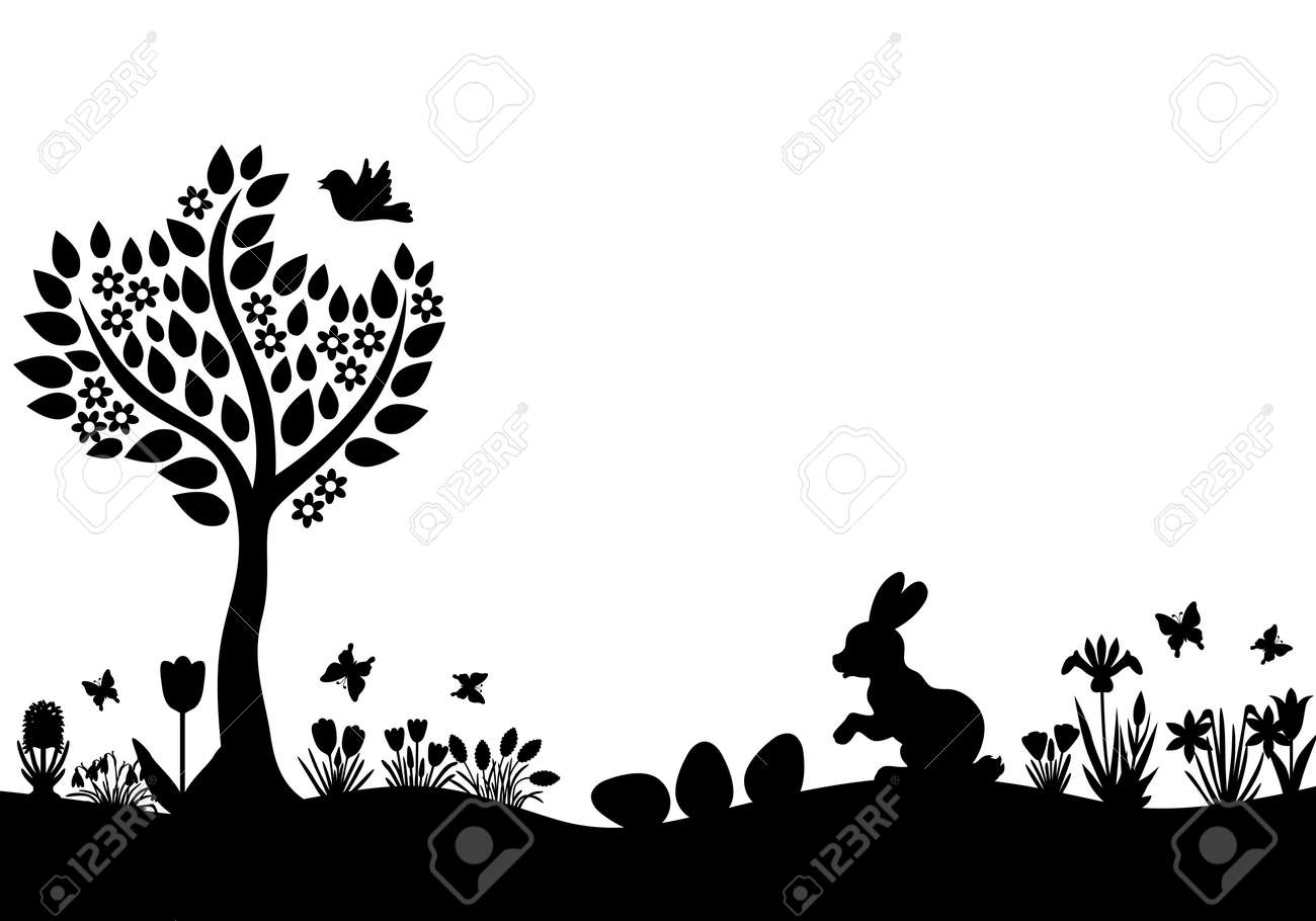 イースターのベクトル イラストのシルエットのうさぎ 卵 花 分離されたツリーのある風景のイラスト素材 ベクタ Image 52826234